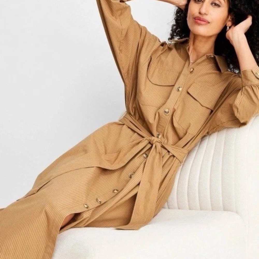 Elegant Tan Button-Down Dress